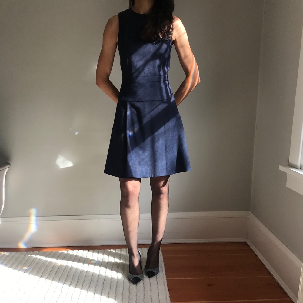Knee-length navy blue pleated J. Crew dress